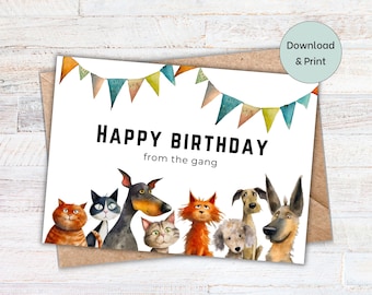 Happy Birthday, Printable Birthday Card from the gang, coworkers, funny cats and dogs, instant download, DIY card, blank inside 7x5 PDF