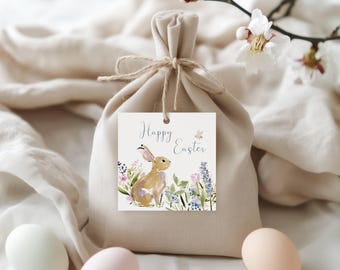 Easter Basket Tag, Bunny Rabbit in Flower Garden, Happy Easter Square Gift Tag, Printable PDF
