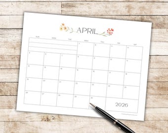 April 2026 Calendar | Editable + Printable Monthly Planner | US Letter Landscape PDF | Spring Watercolor Floral
