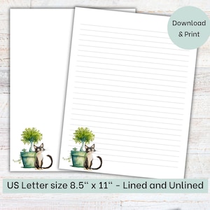 Printable Cat Stationery, Letter Writing Paper, Cat Lady Stationary, Lined Paper, US Letter, Instant Download, Unlined Journal Page, Pen Pal