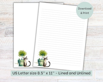 Printable Cat Stationery, Letter Writing Paper, Cat Lady Stationary, Lined Paper, US Letter, Instant Download, Unlined Journal Page, Pen Pal