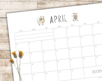 April 2026 Calendar | Editable + Printable Monthly Planner | US Letter Landscape PDF | Country Sheep