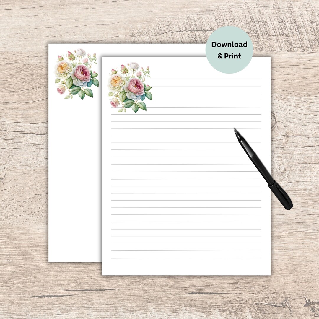 Floral Printable Writing Paper, Stationery Letter Paper, Cabbage Rose ...