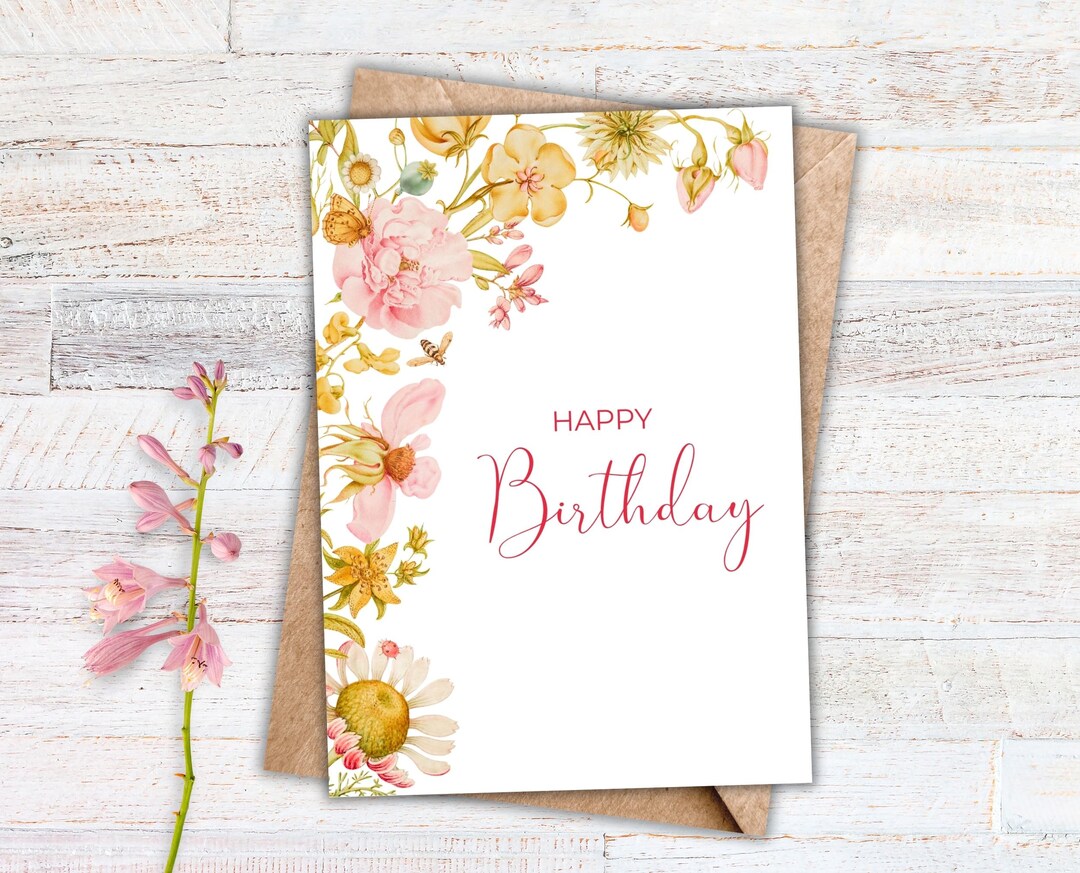 Happy Birthday Card Printable, Pink Floral Card for Her, Instant ...