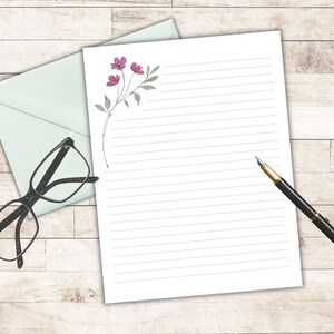Printable Stationery, Purple Wildflowers floral, A4, US letter 8.5x11 in., lined, unlined digital letter writing paper, note paper, pen pal