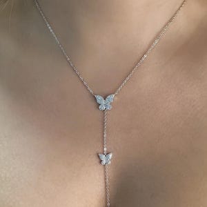 Butterfly Lariat Necklace Sterling Silver Cubic Zirconia Y Drop