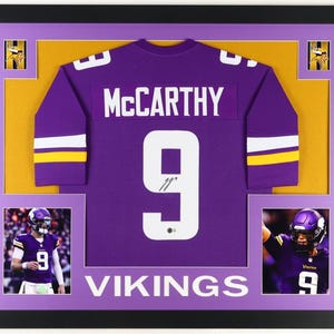 J.J. McCarthy Signed Custom Framed Minnesota Vikings Jersey Display