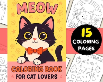 Meow, Cat Coloring Pages for kids, adult, Printable Coloring Book | Digital Download PDF
