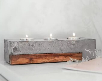 Modern Wood and Concrete Candle Holder - Candles Not Included