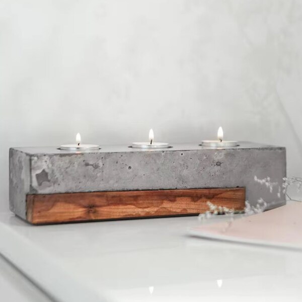 Modern Wood and Concrete Candle Holder - Candles Not Included