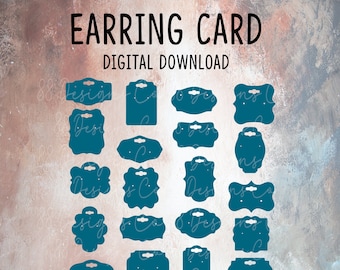 May include: A set of 18 printable earring card templates in teal blue. The cards are in various shapes, including square, rectangle, oval, and ornate. The text "EARRING CARD" and "DIGITAL DOWNLOAD" is at the top of the image. The text "PNG, PDF, SVG, EPS" is at the bottom of the image.