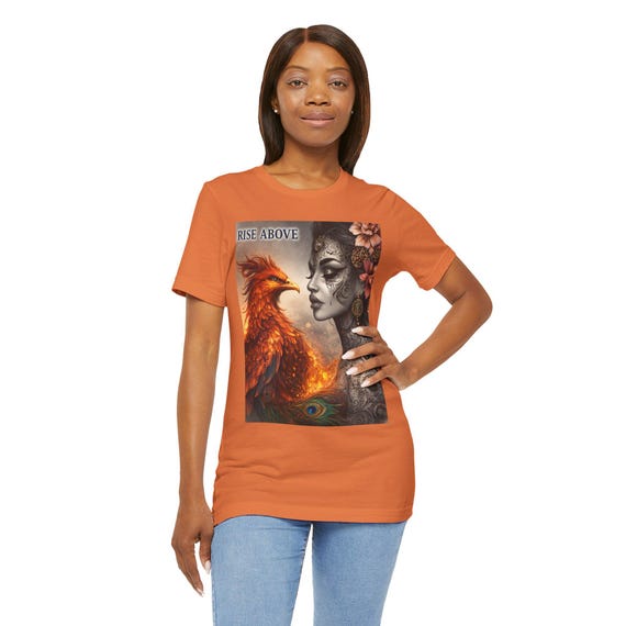 Rise Above Phoenix and Floral Portrait T-Shirt | Mythical Bird Artwork