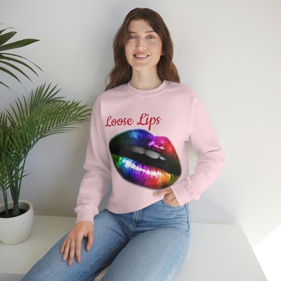 Loose Lips Sweatshirt, Crewneck Sweatshirt, Rainbow Graphic Bold Lip Sweatshirt, Long Sleeve Winter Sweatshirt
