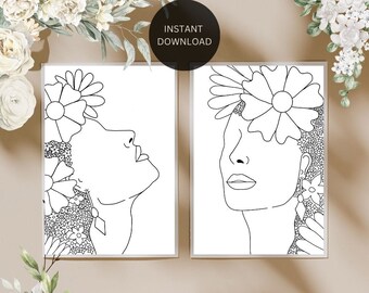 Floral portrait, modern woman with flowers on head, digital art,female art sketch, printable wall art, black line art, flower, double print
