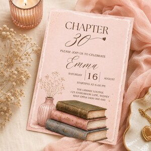 May include: A rectangular invitation card with a light pink background featuring the text CHAPTER 30, PLEASE JOIN US TO CELEBRATE Emma, SATURDAY 16 AUGUST, STARTING AT 6:00 PM, THE LIBRARY LOUNGE 123 STORYBOOK LANE, SYDNEY, RSVP EMMA 0400 000 000.