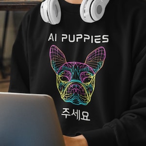 AI Puppies Please Koreaans sweatshirt met ronde hals, trendy streetwear-stijl, kleurrijk neon grafisch ontwerp, cadeau voor liefhebbers van technologie en puppyhonden