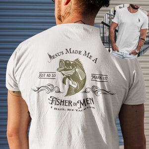 Mens Fishing Shirt, Christian Fisherman Crewneck T-Shirt, Dad Gifts for Fishermen, Religious Faith Based Design, Fisher of Men Bible Verse