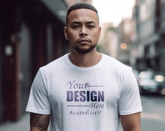 x2 Bella Canvas 3001 Mockups Wit + Aqua | Unisex jersey T-shirt met korte mouwen Mock Up | Mannelijk T-shirt | Straatinstelling | 3 gratis platliggende mockups