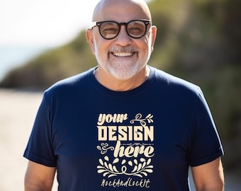 Bella Canvas 3001 Mockup Navy Unisex Jersy Short Sleeve Tee | Old Man T-shirt Mock up | Beach Setting | Elderly Male Wearing Glasses