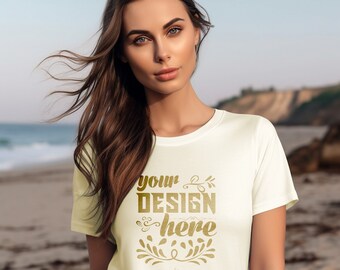 Bella Canvas 6400 Mockups | White | Silver | Natural | Women's Relaxed Jersey Short Sleeve Tee | Female T-shirt Mock up | Beach Setting