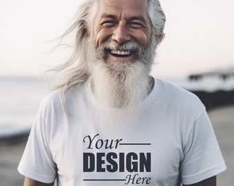Bella Canvas 3001 Mockup White Unisex Jersy Short Sleeve Tee, Old Man White T-shirt Mock up, Beach Setting, Elderly Male With Beard Laughing