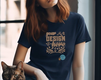 Bella Canvas 6400 T-shirtmodel met korte mouwen | Navy T-shirt voor dames Mock up | Vrouw met een zwarte kat | Huisdier bespot | 3 gratis platte modellen