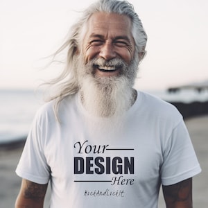 Bella Canvas 3001 Mockup White Unisex Jersy Short Sleeve Tee, Old Man White T-shirt Mock up, Beach Setting, Elderly Male With Beard Laughing