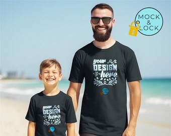 Bella Canvas 3001 Mockup Beach Scene Short Sleeve Tee | Mens Boys Black T-shirt Mock up | Father and Son | Fathers Day | 3 Free Flat Mockups