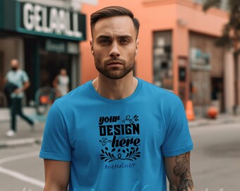 Bella Canvas 3001 Mockup Aqua | Unisex Jersey Short Sleeve Tee Mock Up | Male T-shirt | Street Setting | 3 Free Flat Lay Mockups