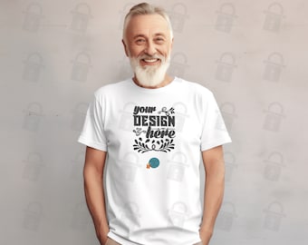 Bella Canvas 3001 Mockup White Unisex Short Sleeve Tee | Old Man White T-shirt Mock up | Plain Background | Elderly Male With Beard