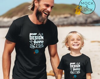 Bella Canvas 3001 Mockup Beach Scene Short Sleeve Tee | Mens Boys Black T-shirt Mock up | Father and Son | Fathers Day | 3 Free Flat Mockups
