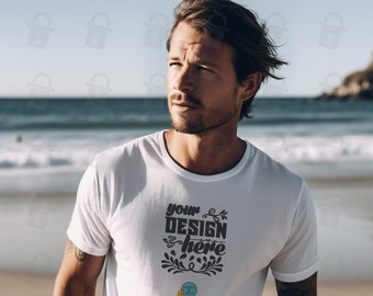 Bella Canvas 3001 Surfer Mockup Wit | Jersy T-shirt met korte mouwen Mock Up | Mannelijk T-shirt Mock up | Strandomgeving | Heren T | Gratis plat model
