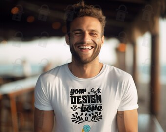 Bella Canvas 3001 Mockup White Short Sleeve Tee | Handsome Tanned Young Man T-shirt Mock up | Beach Background | Attractive Male Model