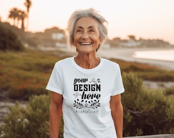 Bella Canvas 3001 Mockup White Unisex Jersy Short Sleeve Tee | Old Lady White T-shirt Mock up | Beach Setting | Elderly Female Laughing