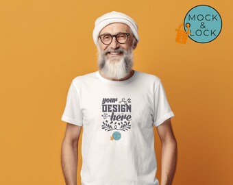 Bella Canvas 3001 Mockup Wit Unisex T-shirt met korte mouwen | Oude Man Wit T-shirt Mock up | oranje achtergrond | Bejaarde man met baard