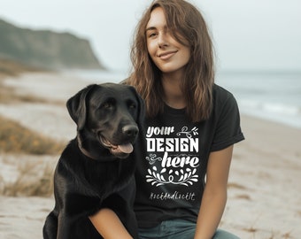 Bella Canvas 6400 Mockup Relaxed Jersy T-shirt met korte mouwen | Zwart | Dames T-shirt Mock up | Meisje met een labrador | 3 gratis platte modellen