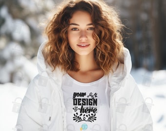 White Bella Canvas 3001 Mockup Short Sleeve Tee Mock Up Snow Scene Female T-shirt Mock up | Tshirt Mockup | Beautiful Model White Christmas