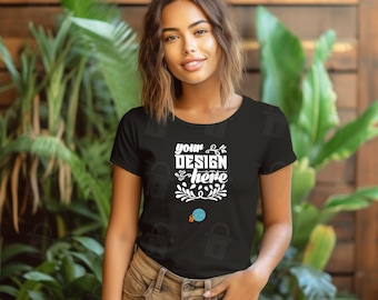 Zwart Bella Canvas 6400 Mockup | Mock Up T-shirt met korte mouwen voor dames, relaxt | Vrouwelijk T-shirt Mock up | T-shirtmodel | Prachtig model