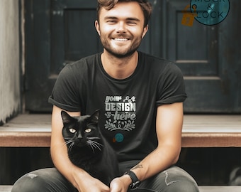 Bella Canvas 3001 Mockup Unisex T-shirt met korte mouwen | Zwart T-shirt voor heren Mock up | Niche voor kattenliefhebbers | Man Met Kat | 3 gratis platte modellen