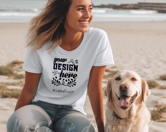 Bella Canvas 6400 Mockup Relaxed Jersy T-shirt met korte mouwen | Wit | Dames T-shirt Mock up | Meisje met een labrador | 3 gratis platte modellen
