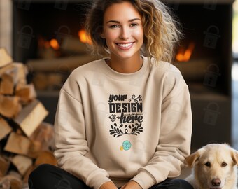 Gildan Heavyblend 18000 Sand Sweatshirt Mockup | Lady's Sweatshirt Mock-up | Girl With a Dog | Cozy Winter Vibe | Lifestyle Shoot