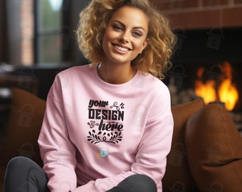 Gildan Heavyblend 18000 Light Pink Sweatshirt Mockup | Lady's Sweatshirt Mock-up | Design Template | Cozy Winter Vibe | Lifestyle Shoot