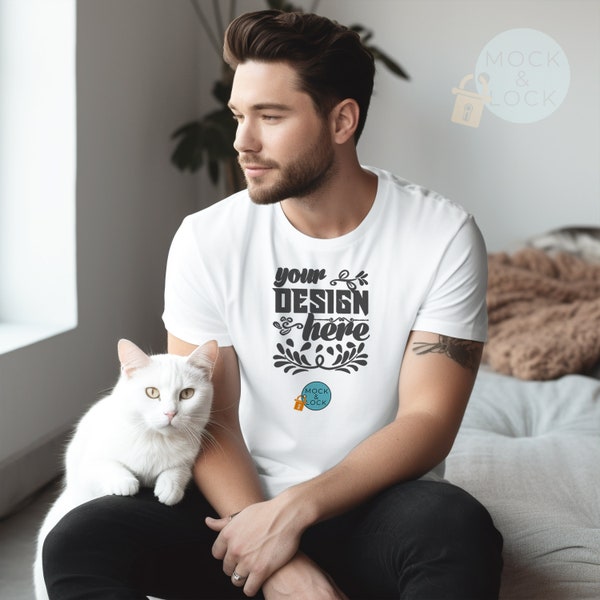 Bella Canvas 3001 Mockup Unisex Short Sleeve Tee | Mens White T-shirt Mock up | Guy With a White Cat | Pet Mocks | 6 Free Flat Mockups