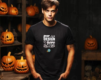 Bella Canvas 3001 Halloween Mockup Zwart | Unisex jersey T-shirt met korte mouwen | Heren T-shirt | Spookachtig thema | 6 gratis platliggende modellen