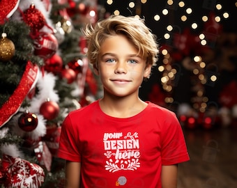 Bella Canvas 3001Y Mockup rood T-shirt met korte mouwen | Kinder T-shirt Mock up kerstthema | Schattig kind tshirt vakantie | 6 gratis platte mockups