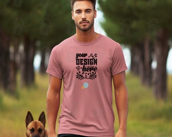 Bella Canvas 3001CVC Heather Mockup Unisex Jersey korte mouw Tee Mauve heren T-shirt Mock up | Man met een hond | 6 Flat Lay Mockup-bonus