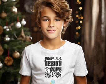Bella Canvas 3001Y Mockup Short Sleeve White Tee | Kids T-shirt Mock up Christmas Themed | Cute Kid Tshirt Holidays | 6 Free Flat Mockups