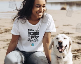Bella Canvas 3001 mockup jersey T-shirt met korte mouwen | Wit | Dames T-shirt Mock up | Meisje met een labrador | 3 gratis platte modellen