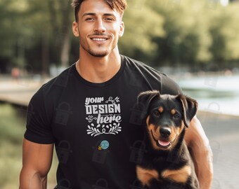 Bella Canvas 3001 Mockup Unisex Jersy T-shirt met korte mouwen | Zwart T-shirt voor heren Mock up | Man met een Rottweiler-puppy | 6 Flat Lay Mockup-bonus