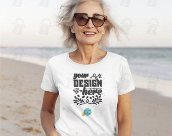 Bella Canvas 3001 Mockup White Unisex Jersy Short Sleeve Tee | Older Lady White T-shirt Mock up | Beach Setting | Middle Aged Female